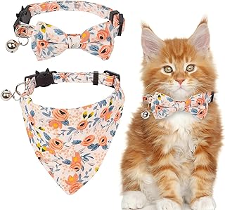 Breakaway Cat Collar with Bow Tie Bandana, Kitten Collar, Removable Bowtie Bandana, Cute Flower Pattern with Bell for Cat Puppy, Soft Adjustable Collar for Dogs and Cats Pets(2Pcs)