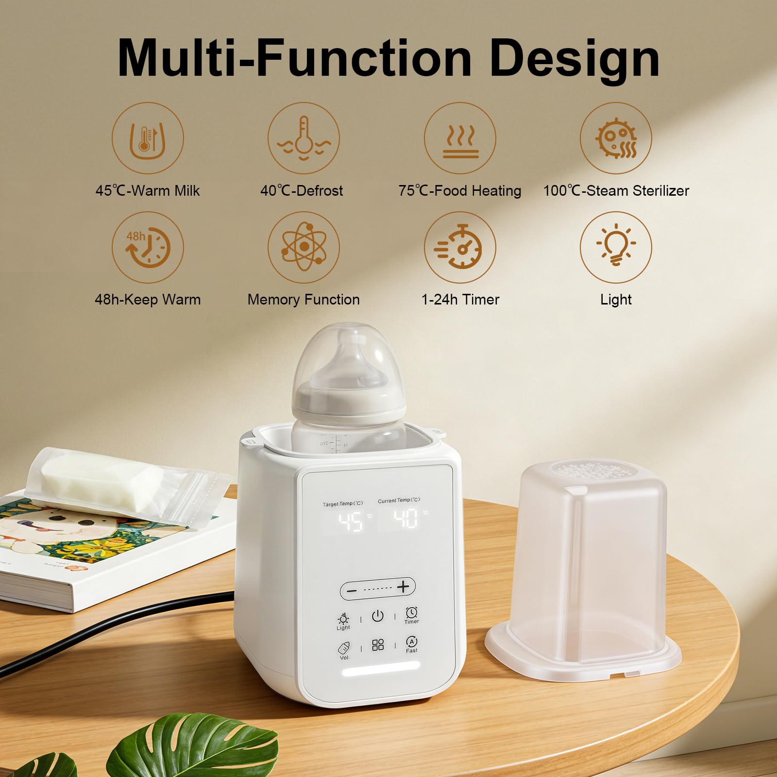 Calentador de Biberones 10-en-1, Esterilizador y Calentador Eléctrico con Pantalla Táctil y Temporizador 24h, Calienta Leche en 3-7 min, Mantiene Caliente 48h, para Casa y Viaje, Blanco