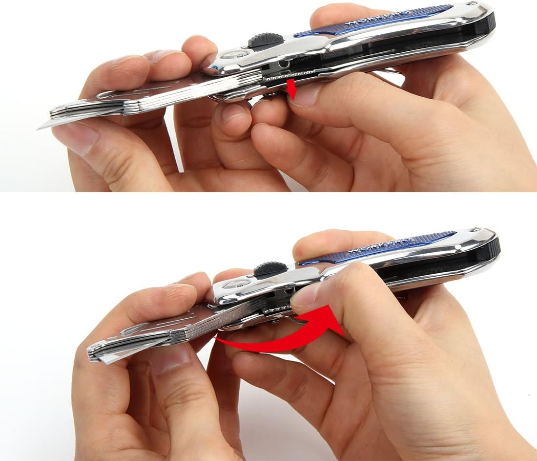 WORKPRO Quick-Change Folding Utility Knife - Retractable Utility Blade Mechanism with Stainless Steel Handle & Anti-Slip Grip - Liner Lock Keeps Blades Secure - Belt Clip Included