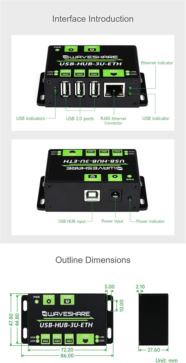 Industrial Grade Multifunctio USB HUB,3X USB 2.0 Ports Extended, 100M Ethernet Port, Multiple OS Support, Without Plug