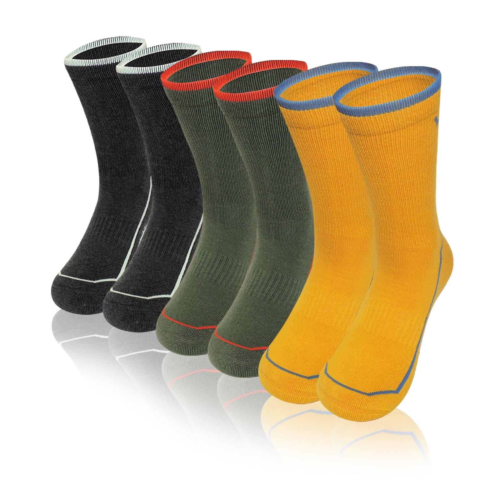 Men's Hiking Socks with Merino Wool, 3-Pair Cushioned & Arch Support Crew Socks for Outdoor, Size 7.5-10 & 10.5-13
