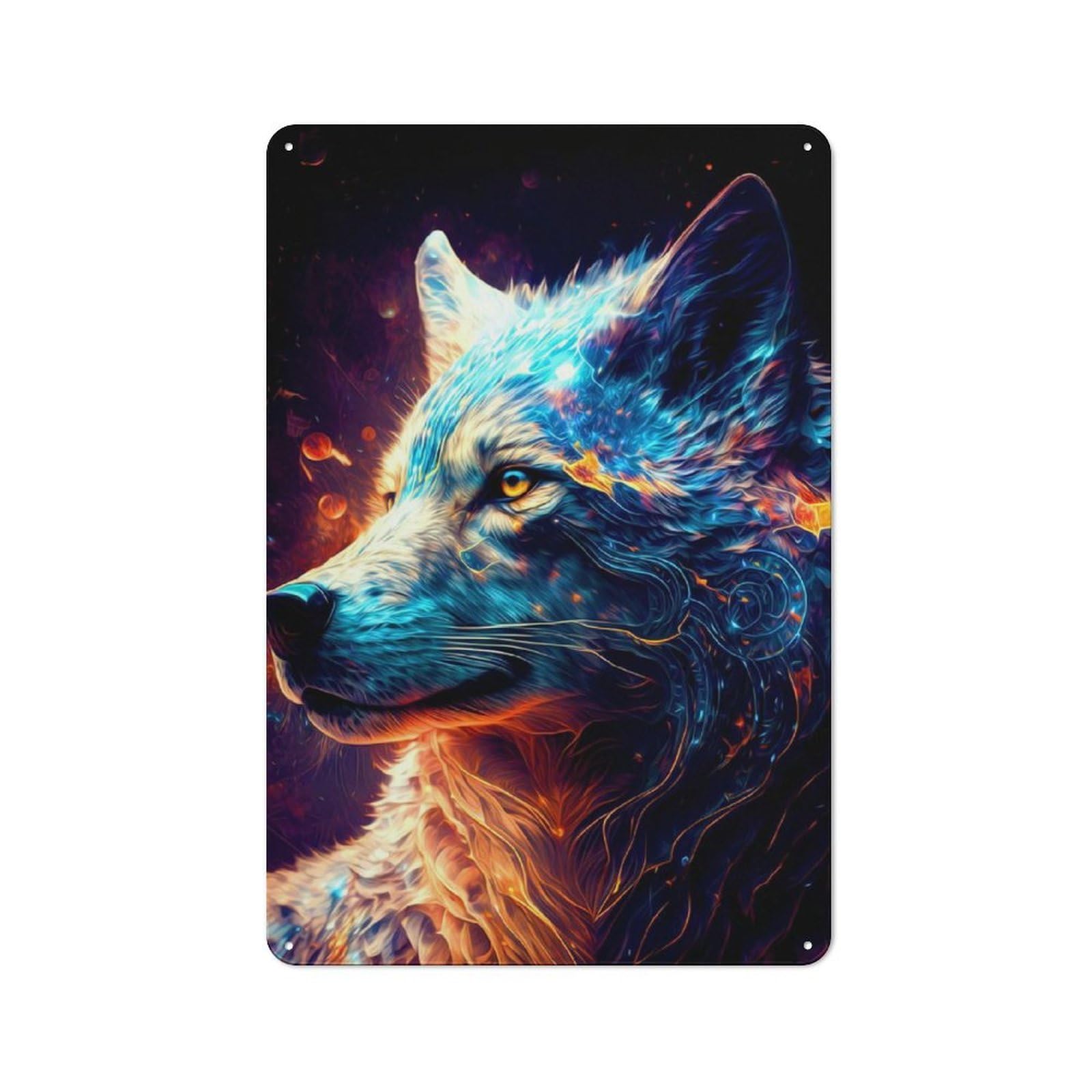 Colorful Wolf Rustic Metal Wall Decor 30x20cm, Decorative Tin Plaque for Pub, Home Bar, Shed Or Man Cave