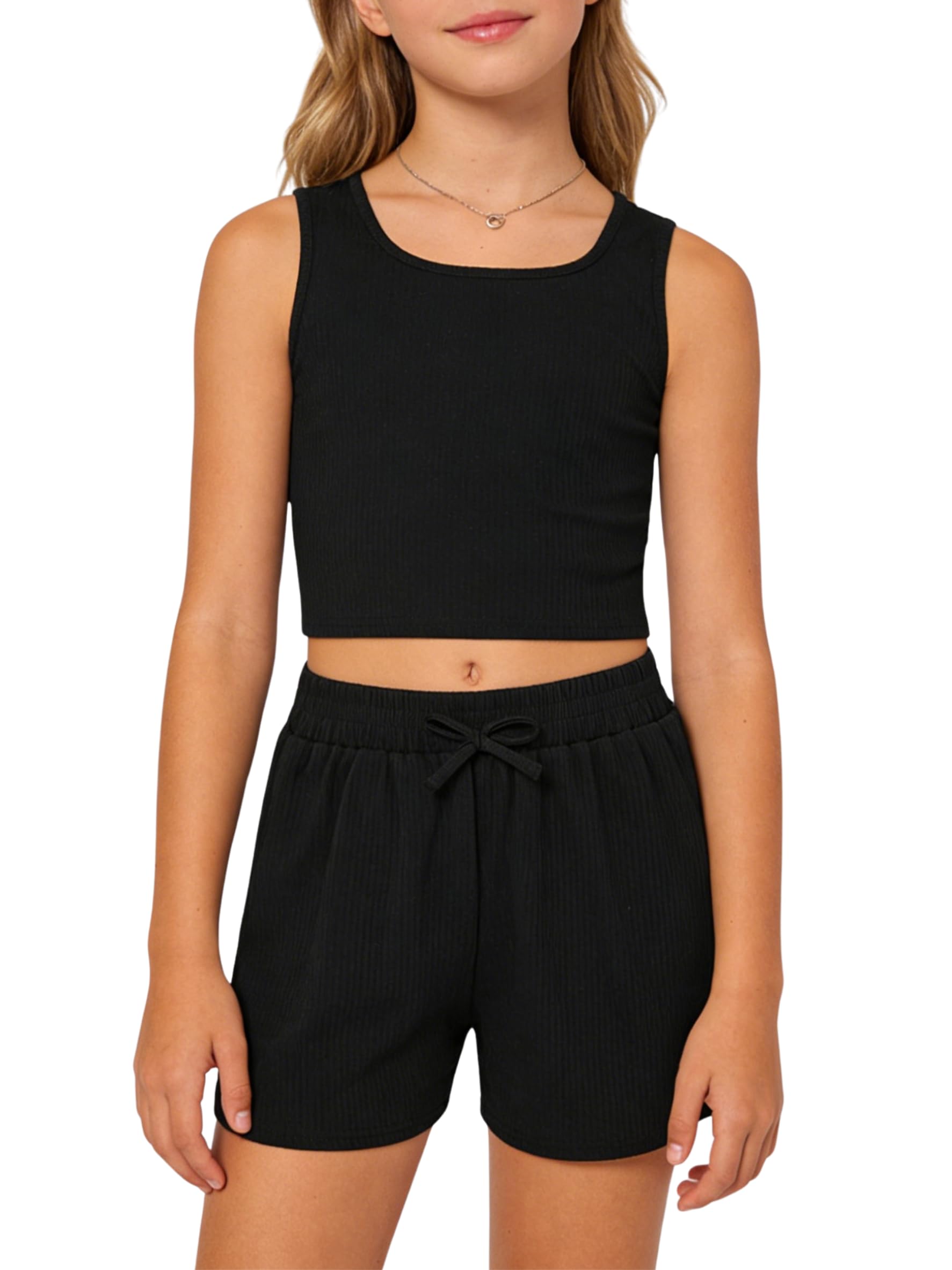 Cakaner Tween Girls 2 Piece Outfit Set Summer Tank Top and Elastic Waist Shorts with Belt Size 7-14