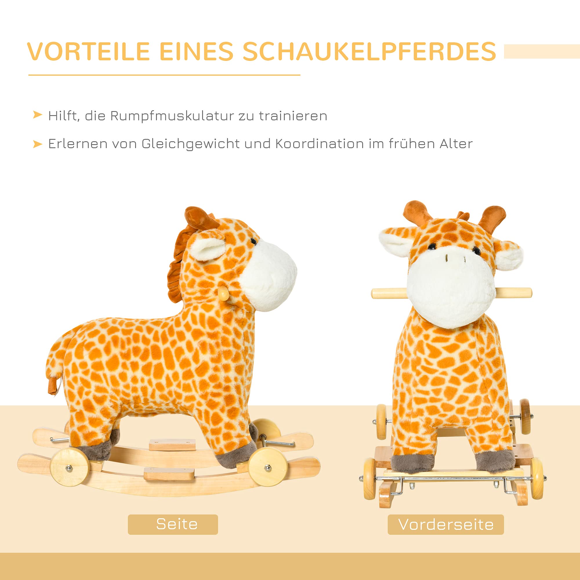 HOMCOM 2-IN-1 Schaukelpferd mit Räder Plüsch Schaukeltier Babyschaukel Spielzeug Gelb 63 x 38 x 63 cm