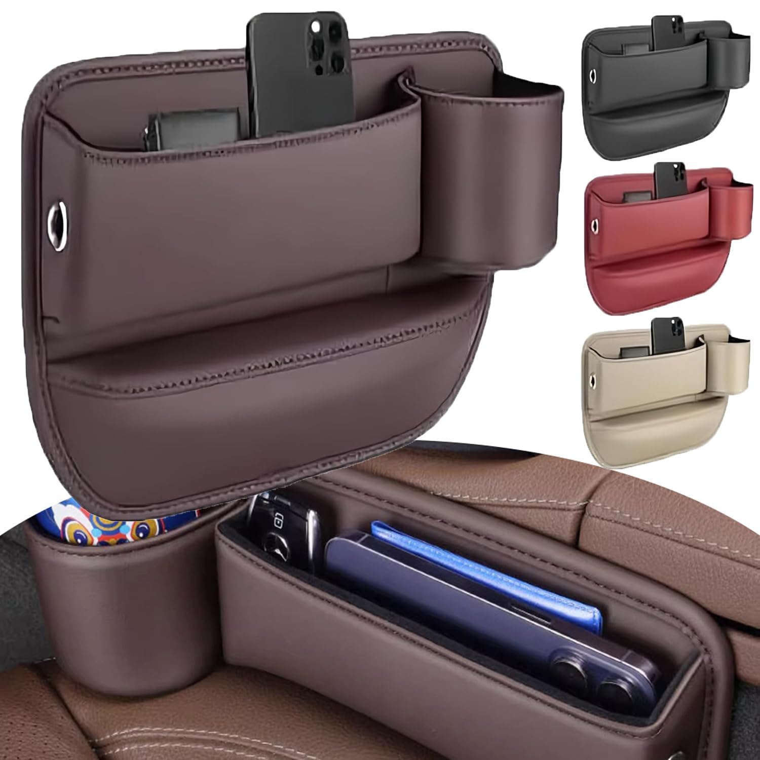 Autostoel Gap Filler Organizer voor Peugeot 308SW 2009-2016,PU Lederen Autostoel Gap Bag Organizer met Bekerhouder Auto Accessoires,B-Erster Offizier-Brown