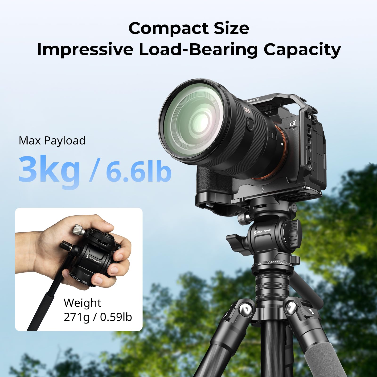 SMALLRIG CH3 Video Head, Treppiede Fluido Pan Tilt Head con Piastra a Sgancio Rapido per Arca Swiss, Supporto Rotazione a 360° e Inclinazione a 90°/-70°, Carico Massimo 3 kg/6,6 Libbre, per DSLR-4936