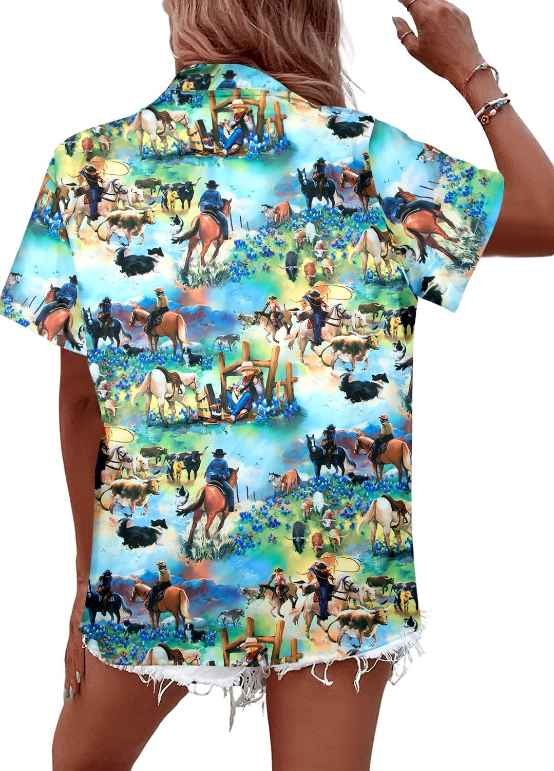 Western Button Down Shirt Women: Cowgirl Short Sleeve Boho Tops Hawaiian Tropical Graphic Tees Summer Vacation Outfit - Image 3