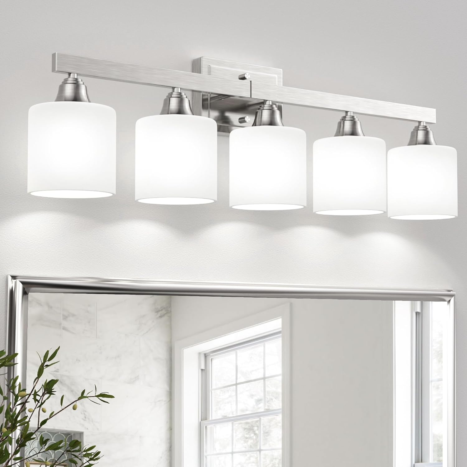 VOLISUN Brushed Nickel Bathroom Light Fixtures, 5-Light Bathroom Vanity Lights Over Mirror, Modern Vanity Light for Bathrooms, Bathrooms Lights Fixtures Over Mirror with Milky White Glass Shades Nickel 5-Light