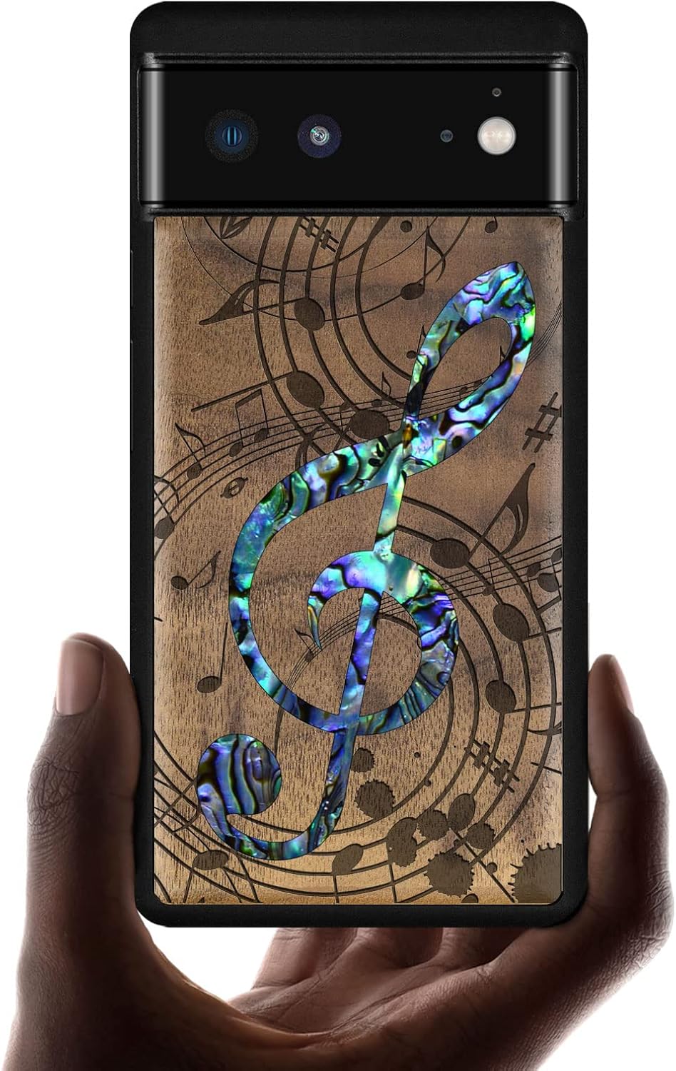 Carveit Designer Wooden Case for Google Pixel 6 Case Protective Cover [Wood Engraving & Shell Inlay] Unique Wood Phone Case Compatible with Wireless Chargers Pixel 6 (Musical Note-Rosy)