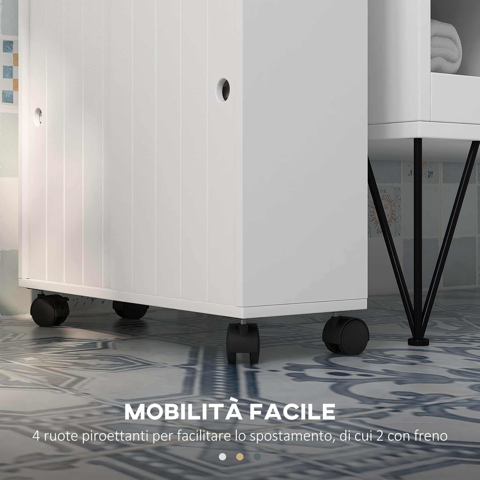kleankin Mobile Bagno Stretto con Ruote e Ante Scorrevoli, Mobiletto Bagno Salvaspazio con Ripiani Regolabili e 2 Aperture per Carta Igienica, Ideale per Spazi Ridotti, 52x17x67 cm, Bianco