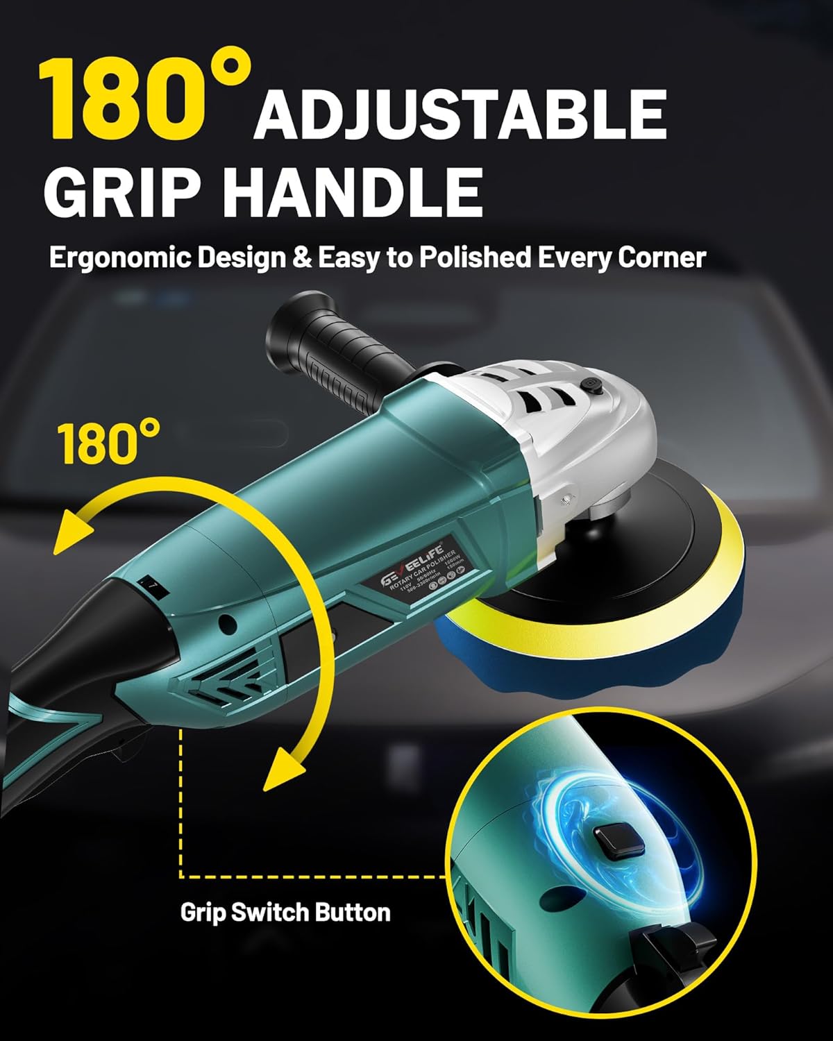 Diagram showing the 180 degree adjustable grip handle
