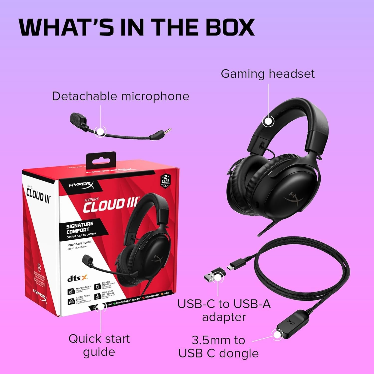 HyperX Cloud III – Casque de Gaming Filaire, PC, PS5, Xbox Series X|S, DTS, Mousse à mémoire de Forme, Microphone au Son cristallin de 10 mm, avec Suppression du Bruit, USB-C, USB-A, 3.5mm – Noir