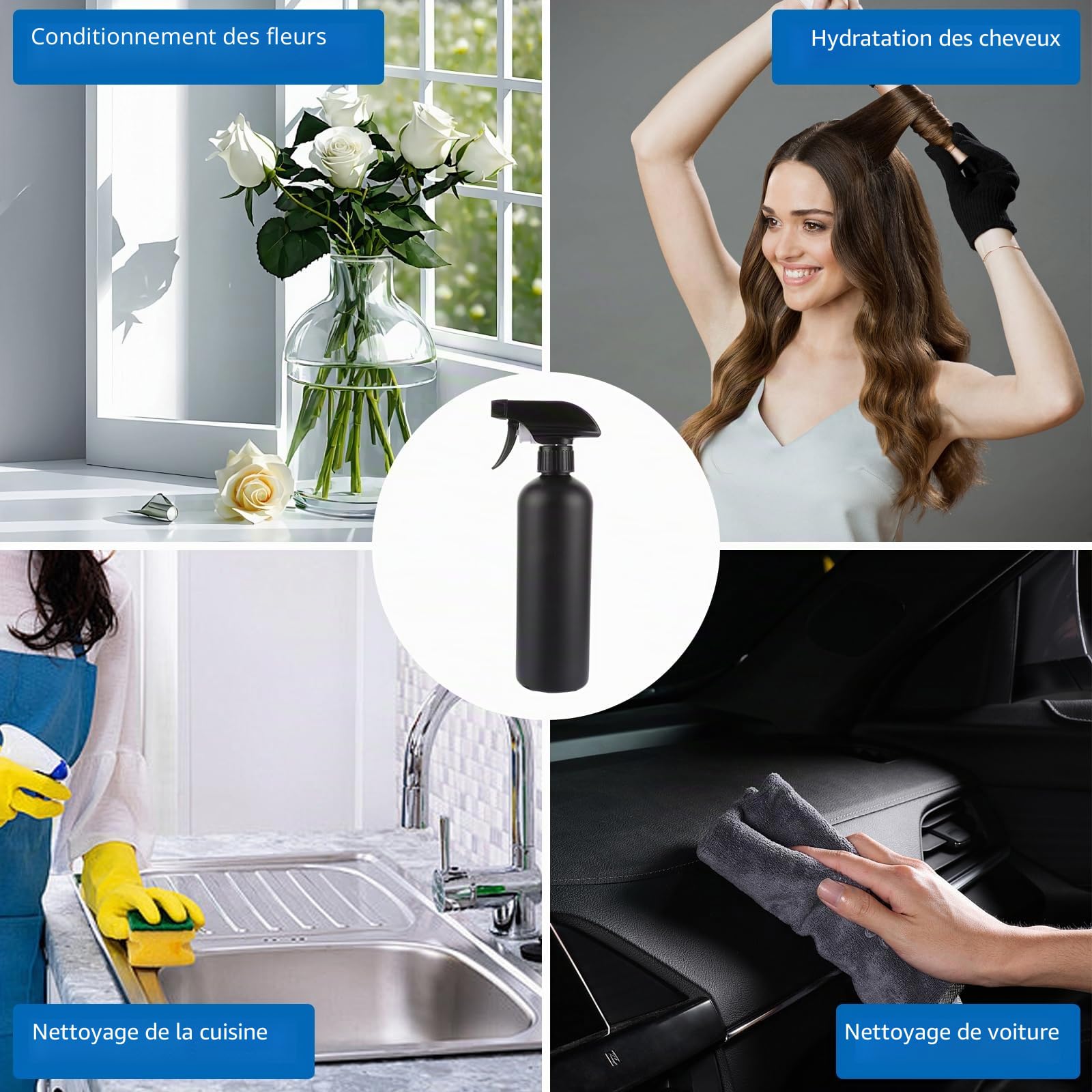 10 x Flacon Spray Vide 500ml, Pulvérisateur à Main Noir, Bouteille Vide Spray Réutilisable pour Jardinage, Ménage, Plantes et Cheveux, Conception Ergonomique