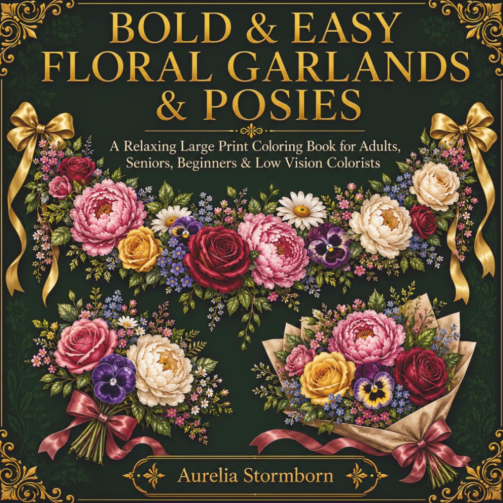 Bold & Easy Floral Garlands & Posies: A Relaxing Large Print Coloring Book for Adults, Seniors, Beginners & Low Vision Colorists Featuring Flower Wreaths, Garlands, Posies & Hand-Tied Bouquets