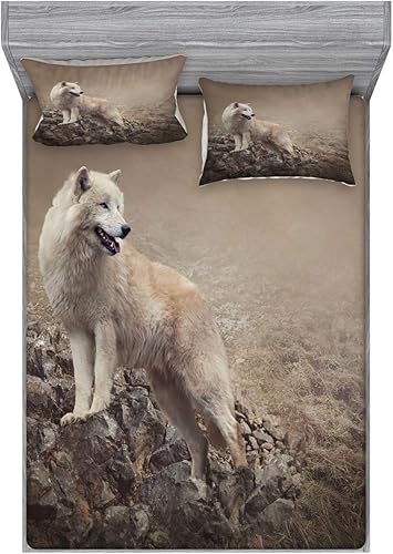 Ambesonne Juego de sábanas bajeras y fundas de almohada, diseño de lobo blanco en rocas en la noche, clima brumoso y brumoso, vida silvestre,