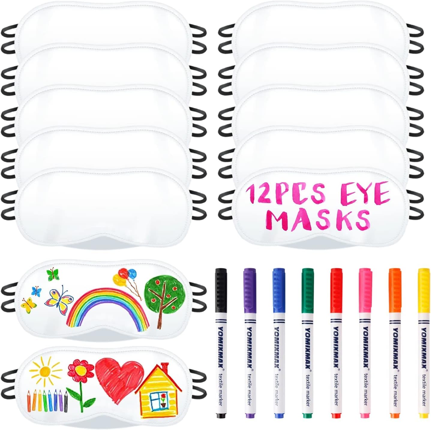 12 PCS Eye Mask Sleepover Party Supplies Sleep White Soft Shade Blindfold Eye Covering, Color the Bulk Game Stuff with 8 PCS Fabric Marker Pens