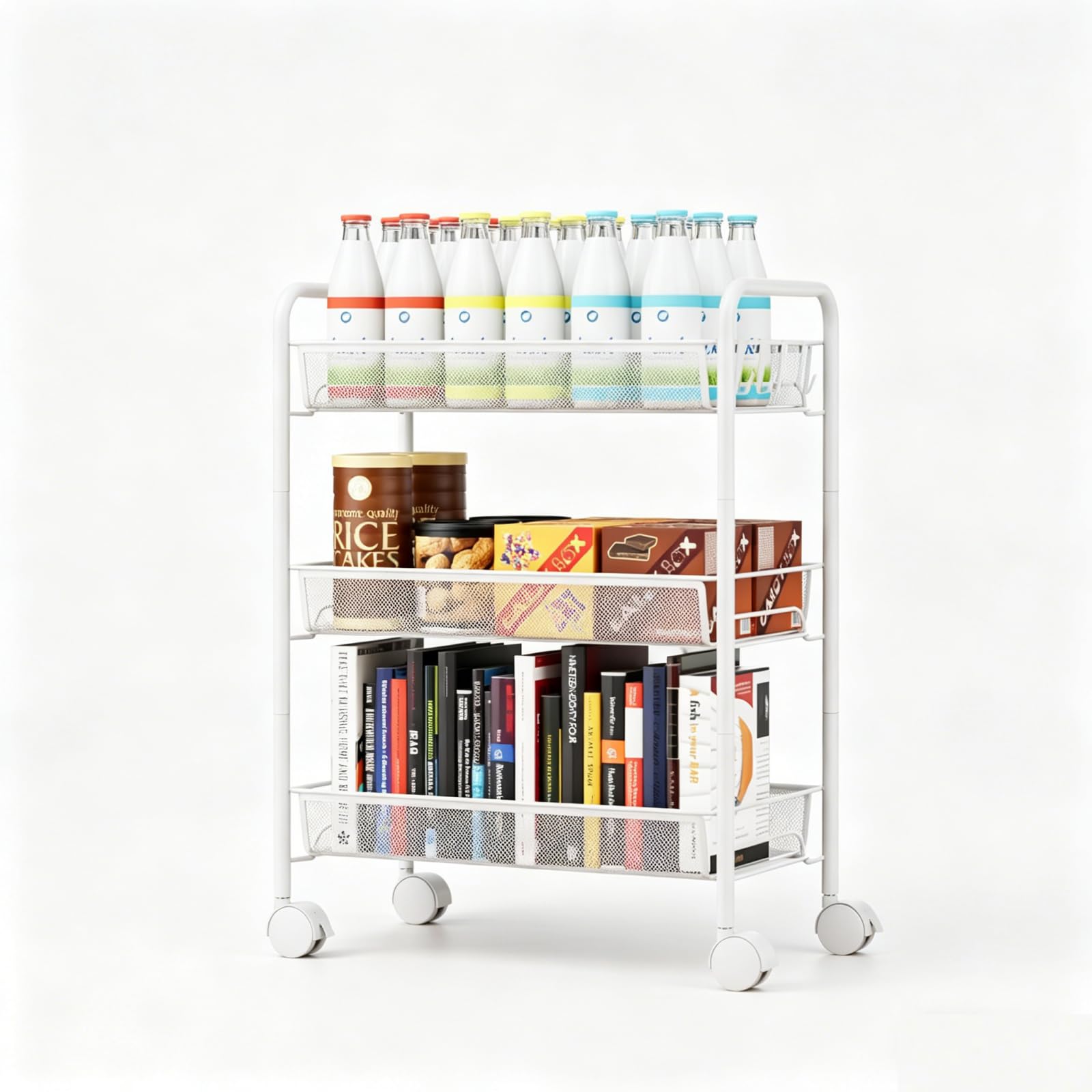 Carro de almacenamiento de cocina, carrito de metal con ruedas, carrito de cocina utilitario para cocina, lavandería, baño, fácil de montar (blanco)