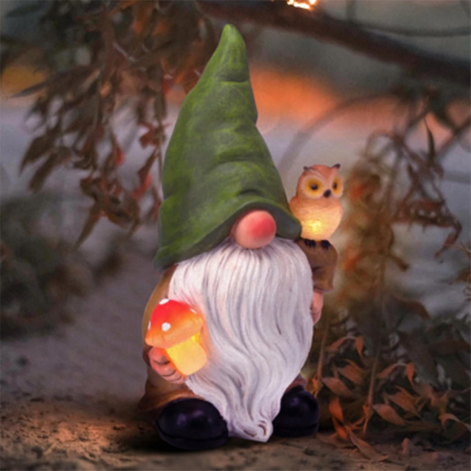 Garden Gnome Outdoor Decoration Solar Gnomes Statue with Owl LED Lights,Terrace Courtyard Lawn Patio Porch Fall Decoration Halloween Christmas Housewarming Gift for Mom Woman