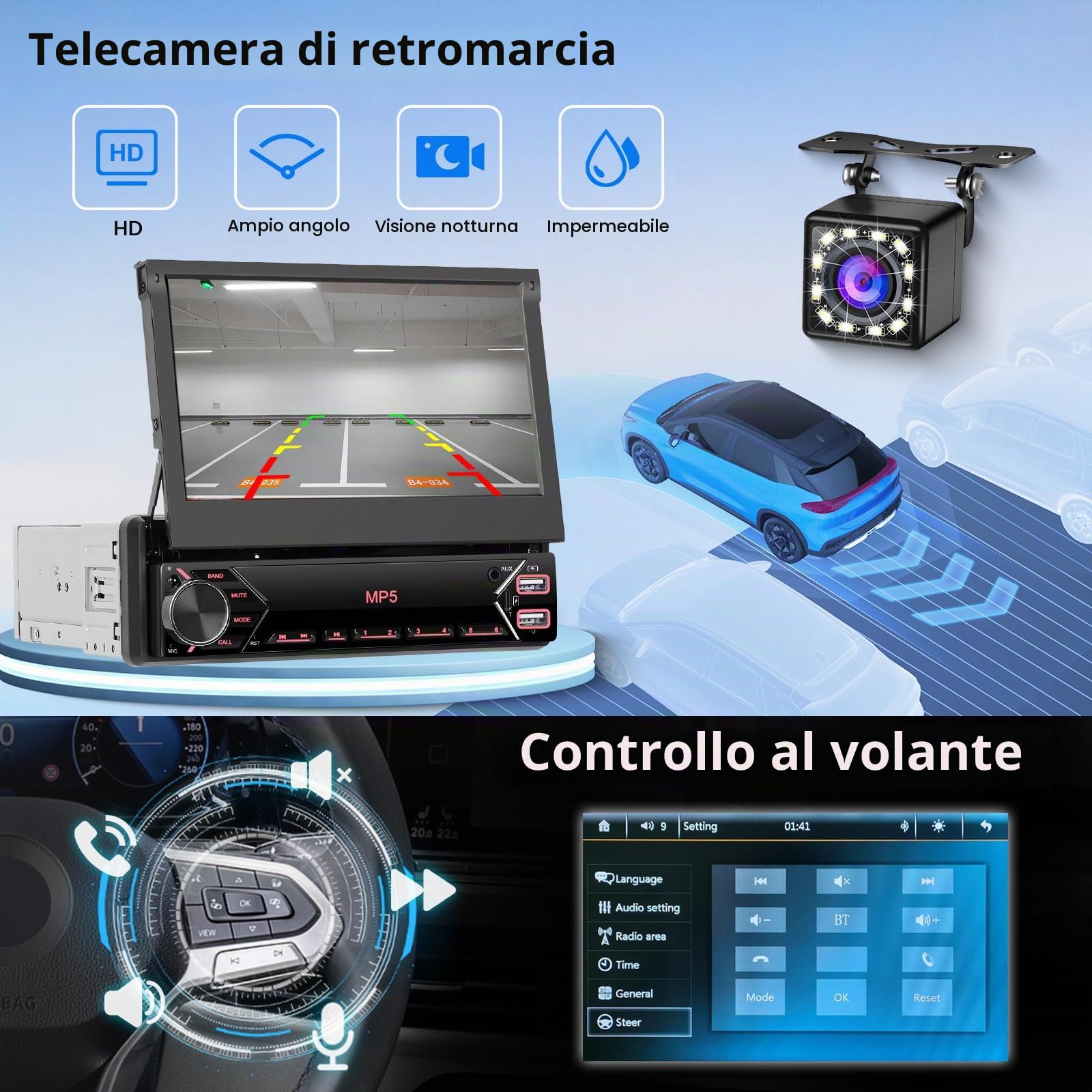 Hikity 7" 1 DIN Autoradio con Bluetooth FM Retrocamera | Touchscreen Mirror Link Comandi al Volante Vivavoce USB AUX