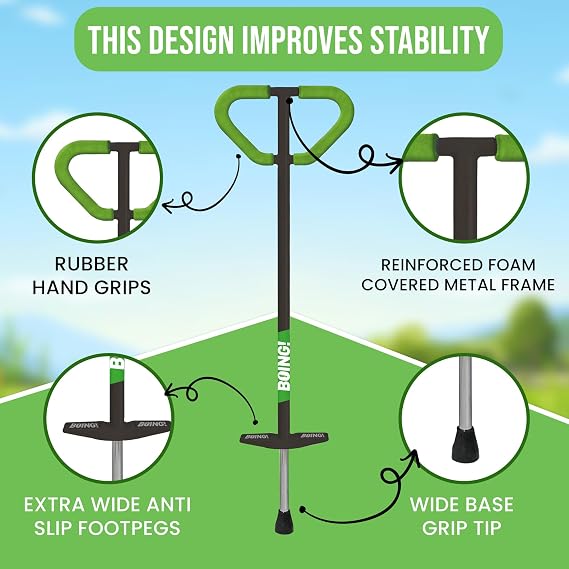Geospace Jumparoo Boing! 'PRO' Medium Pogo Stick for Kids - Supports 60-100lbs Outdoor Toy for Boys and Girls Active Play for Balance, Coordination, Exercise & Fitness (Black with Green wrap)