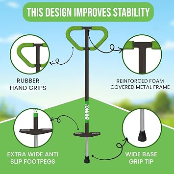 Geospace Jumparoo Boing! 'PRO' Medium Pogo Stick for Kids - Supports 60-100lbs Outdoor Toy for Boys and Girls Active Play for Balance, Coordination, Exercise & Fitness (Black with Green wrap)