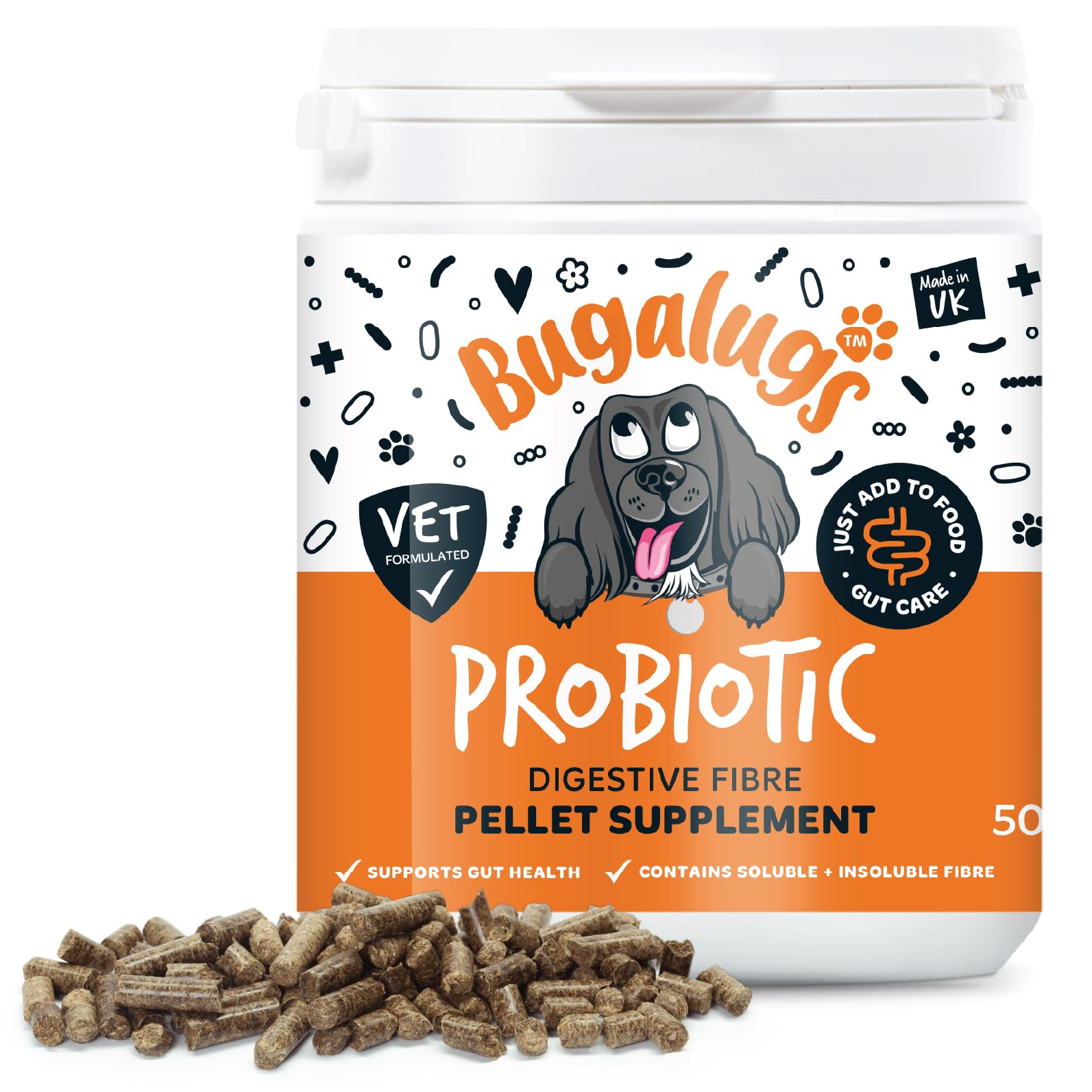 Bugalugs Dog Fibre Supplement Pellets with probiotics for dogs kaolin & Psyllium Husk fibre pro supports gut health & promotes digestion 500g