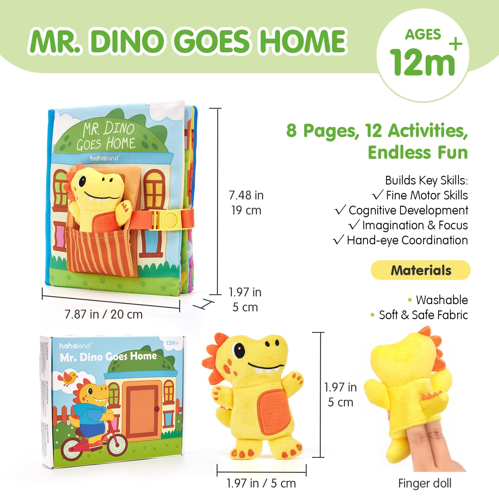hahaland Libro Montessori 1 año Busy Book - Libro Actividad de Tela Blando, Dinosaurio Interactivo Juguetes Montessori para Bebes 6-12 meses Regalo Educativo 1-3 años