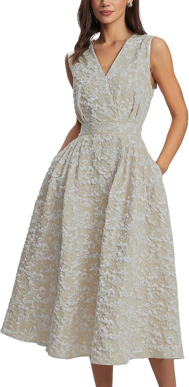 Ladyful Sleeveless Floral Jacquard Dress for Women Summer V Neck Midi Dress Elegant Cocktail Party Dresses with Pockets