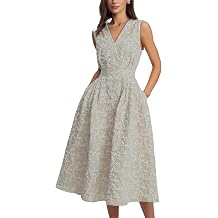 Ladyful Womens Sleeveless Floral Jacquard Midi Dress Elegant V-Neck A Line Dress Flare Cocktail Dresses with Pockets