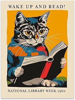 Vintage Cat and Book Poster Wall Art, Wake Up and Read Canvas, 1960 National Library Week Picture Prints Wall Decor for Book Lovers Bedroom 12x16 Inch Unframed