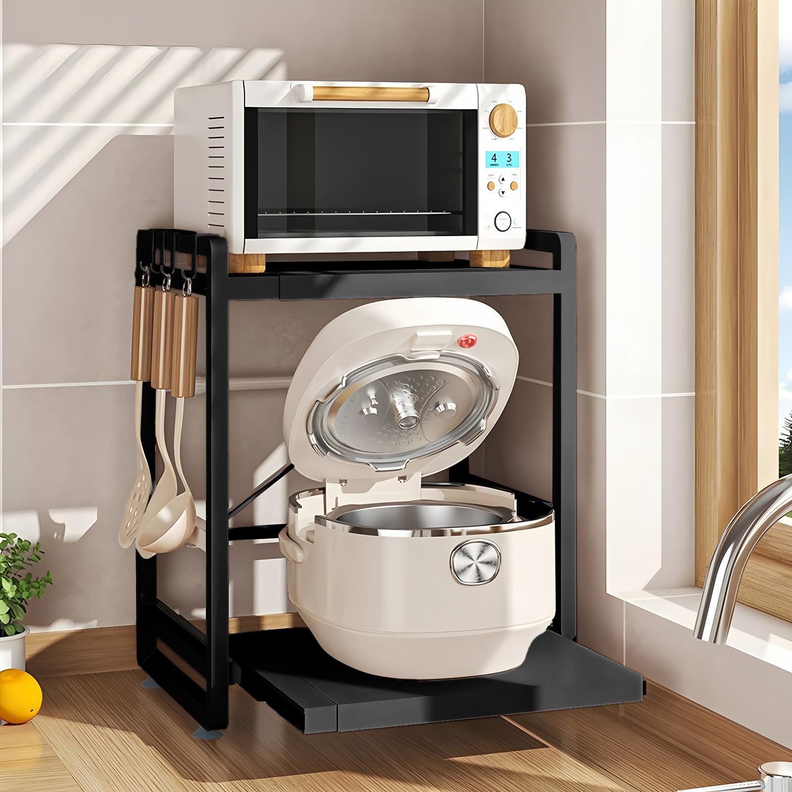 BeSokar Scaffale per microonde a 2 ripiani, regolabile in altezza ed estraibile, con cassetto, in acciaio al carbonio, con ganci e ventose di rinforzo, facile da montare (nero)