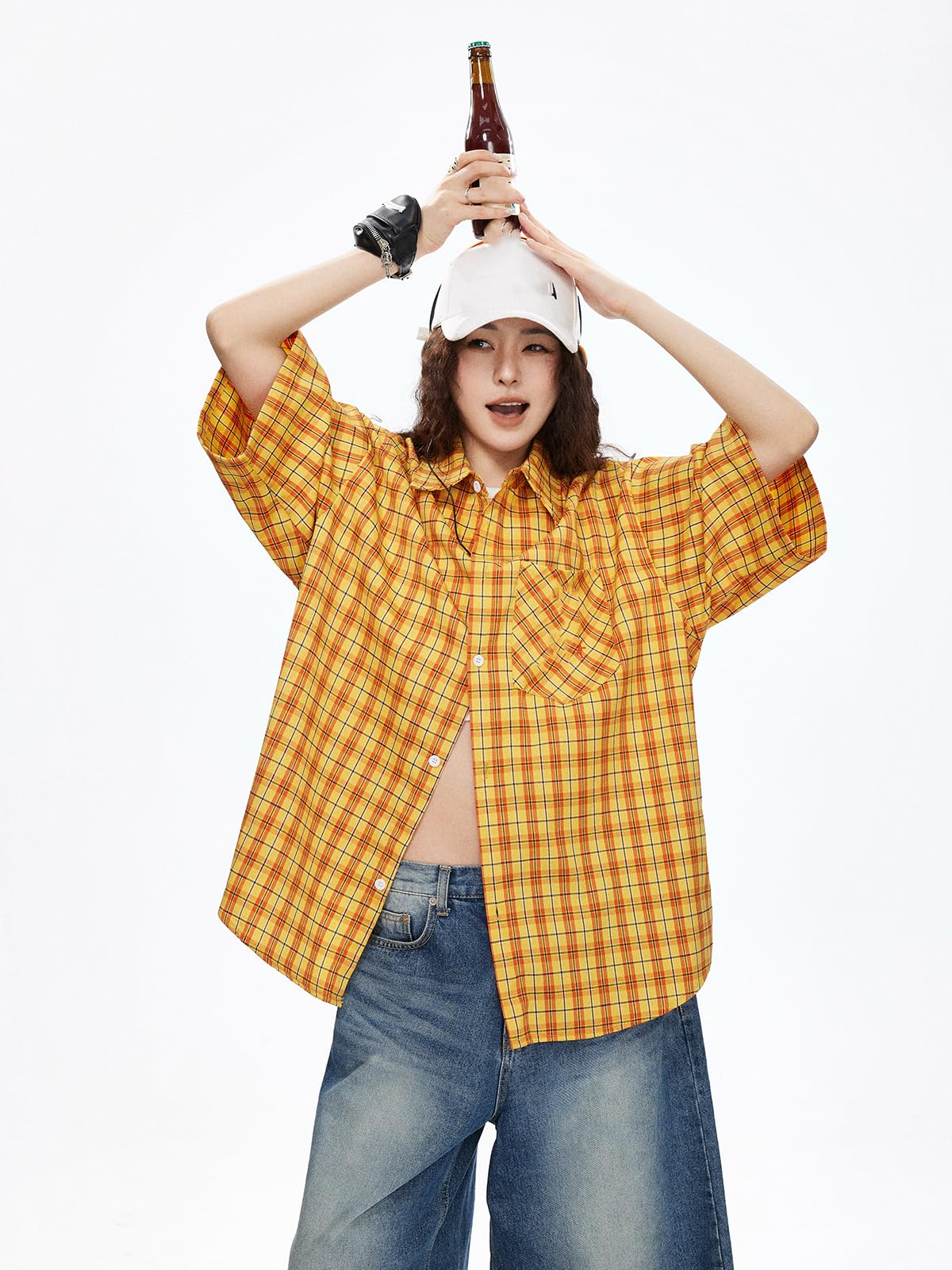 Chemise Femme à Carreaux Jaune à Manches Courtes Brodée Lettres