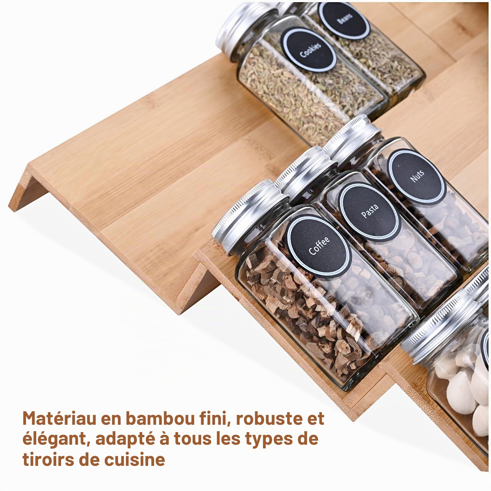 Mulush Plateau à épices en bambou – Organisateur de tiroir à épices pour armoires de cuisine rangement et organisation (bocaux non inclus)