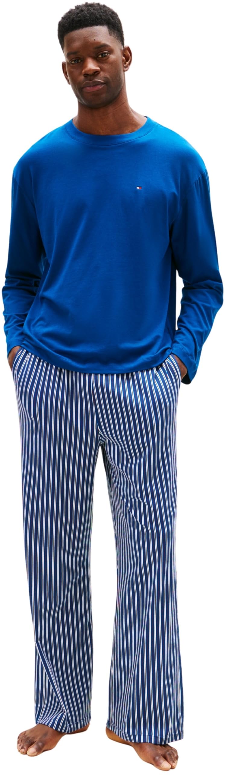 Tommy Hilfiger Men’s Long Sleeve Jersey Print Pyjama Set, Blue (Deep Indigo/Blue Dense Stripe), XXL