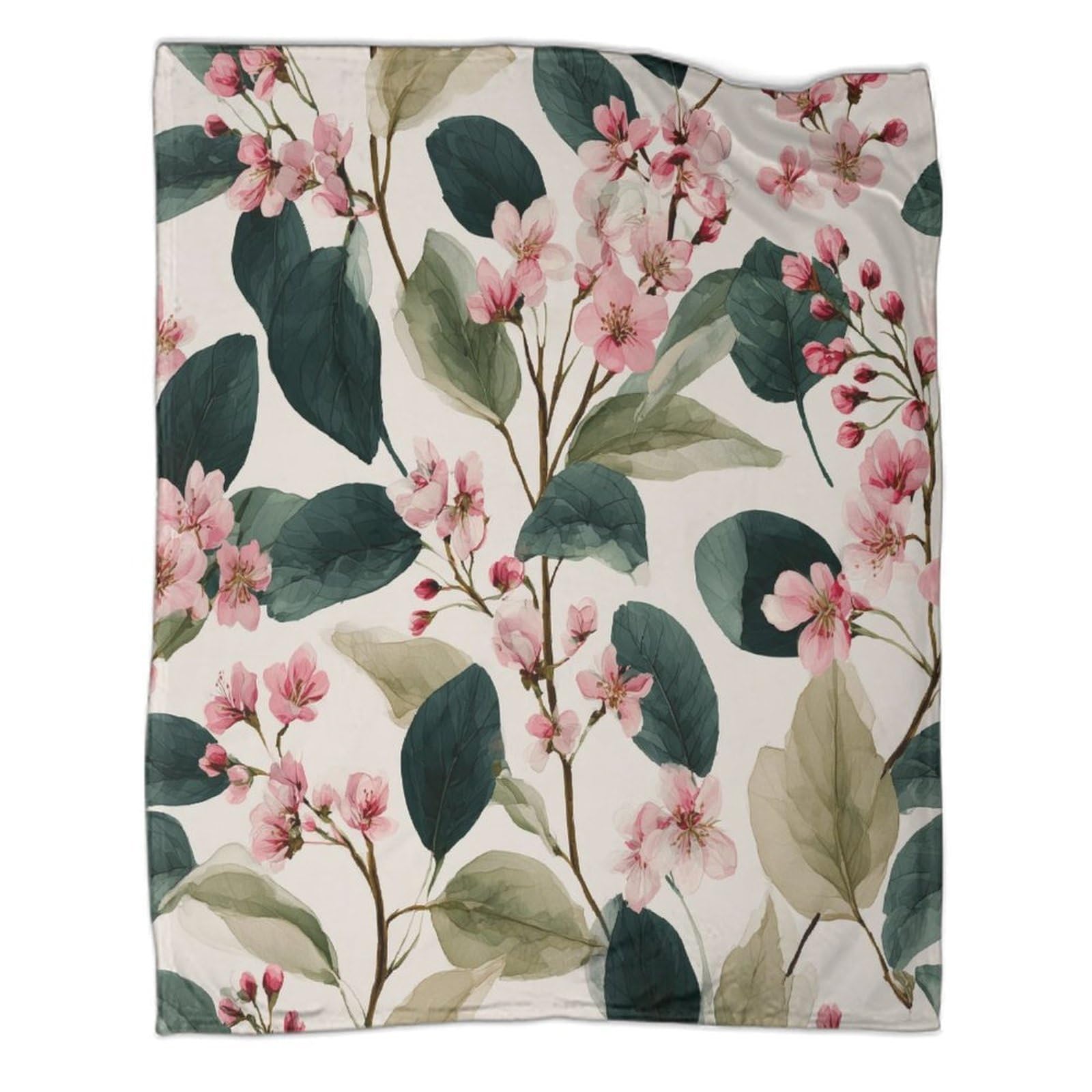 kaiyun Watercolor Plant Leaves And Pale Pink Cherry Blossoms Blanket 3D Printed Throws Suitable Teens Adults Soft Plush Suitable for Holiday Bed Sofa 60x80inch(150x200cm)
