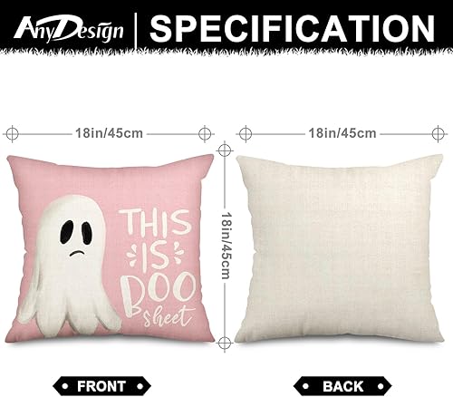 Miniatura 2 de AnyDesign - Fundas de almohada rosadas de Halloween con diseño de calabaza fantasma, funda de almohada de Halloween, decoración espeluznante de