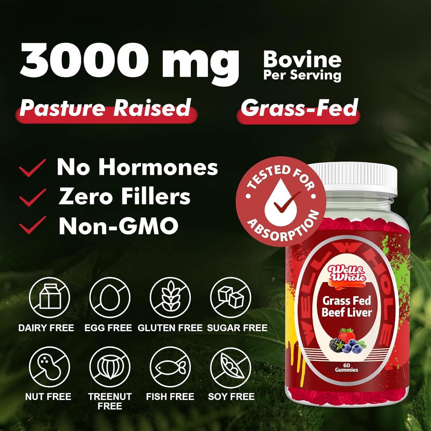 Well&Whole Grass Fed Beef Liver Gummies, Dessicated Beef Liver Supplement for Energy, Immunity, and Full Wellness - Non GMO, Gluten Free, for Adults and Kids, 120 Counts