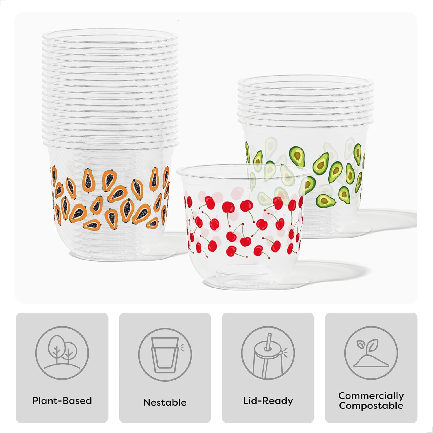 TOSSWARE NATURAL 12oz Arc - Fruity Fiesta - Plant Based 98mm Cups - Plastic Alternative for Parties, Bachelorettes, Weddings - Recyclable Theme Cold Cups - Set of 24