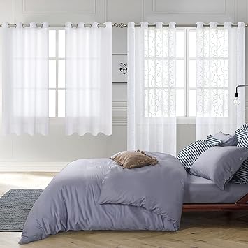BGment Linen Look Semi Sheer White Curtains 52 x 63 Bundle Embroidered White Semi Sheer Curtains 52 x 84 Inch