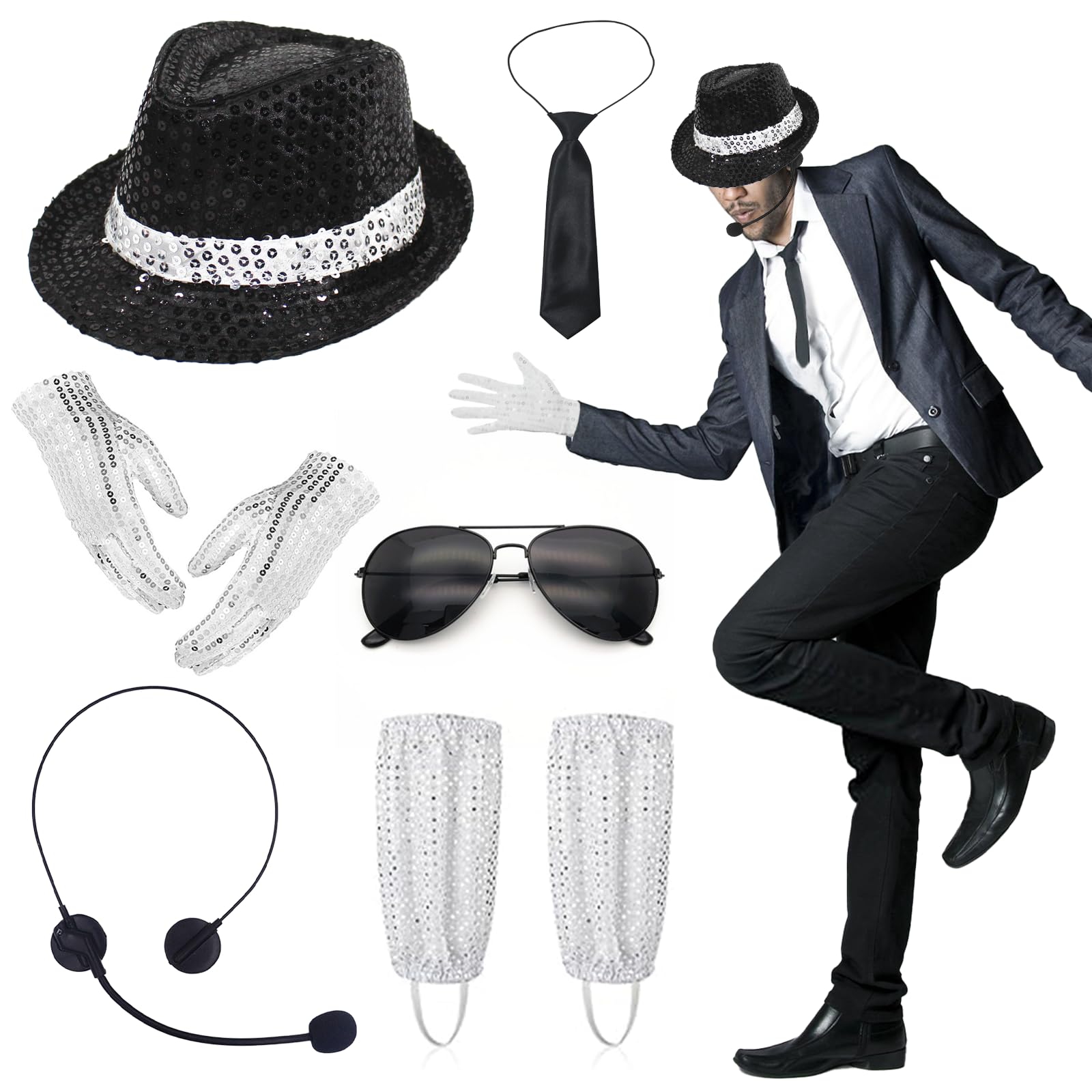 8 Pcs Michael Costume, 80s Dancer Rocker Star Cosplay Fancy Dress Accessories with Jazz Sequin Hat Glove Sock Tie Sunglasses Head Microphone, King of Pop for Adults Teenager Carnival 80 Theme Party