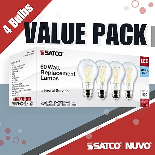 Miniatura 2 de Satco S12465 8A19CLLEDE269504PK120V, 8 Watt A19 LED Clear 5000K Medium Base 120 Volt for use at Residential, Hospitality, Retail, Education