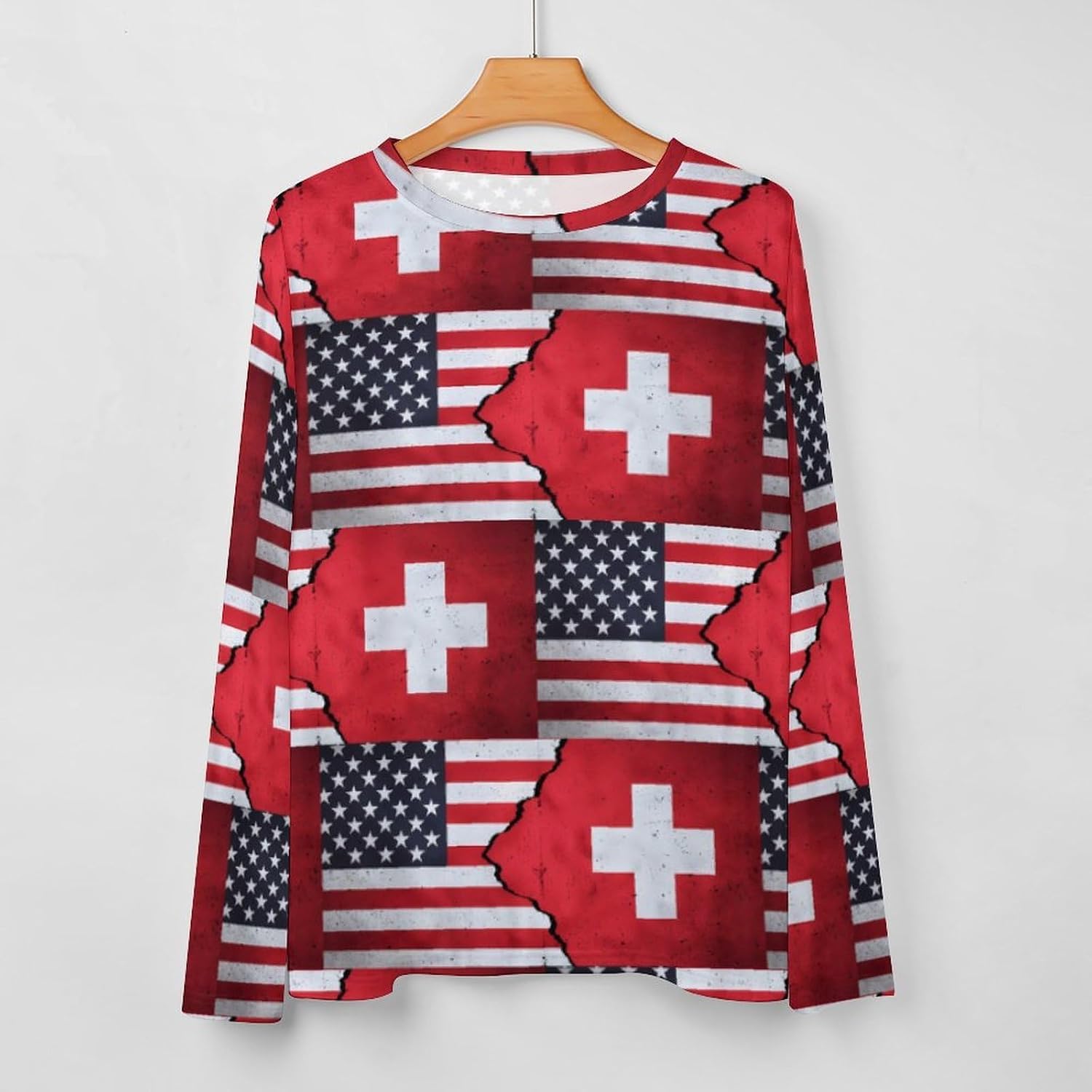 USA And Switzerland Flag Women's Pajama Top Sleepwear Pajamas Sleep T-Shirt Long Sleeve Shirt Crewneck Tee