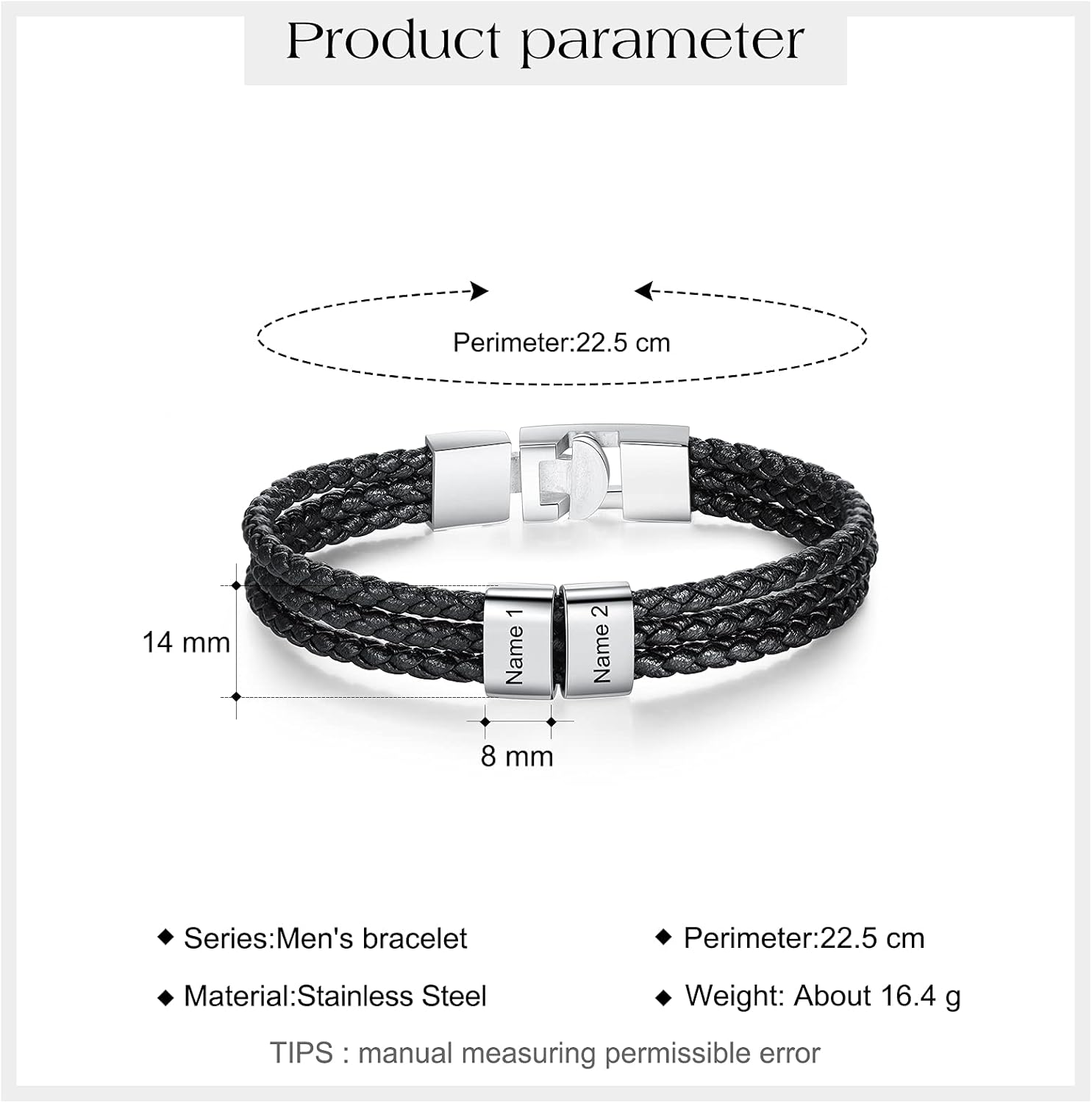 kaululu Personalized Braided Leather Name Bracelet with 1-8 Beads Custom Engraved ID Wrap Bracelets Father's Day Jewelry Gifts for Men Dad Husband Him (2 Names) - Image 3