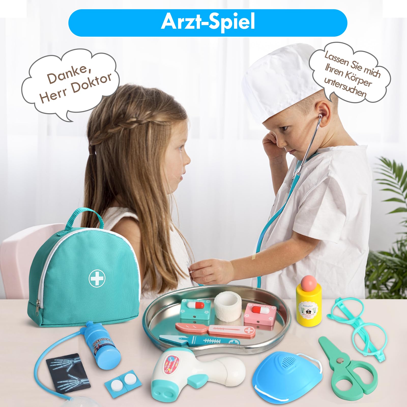 Lehoo Castle Arztkoffer Kinder, Doktorkoffer Kinder, Arztkoffer mit Stethoskop & Arztkittel, Spielzeug ab 3 Jahre
