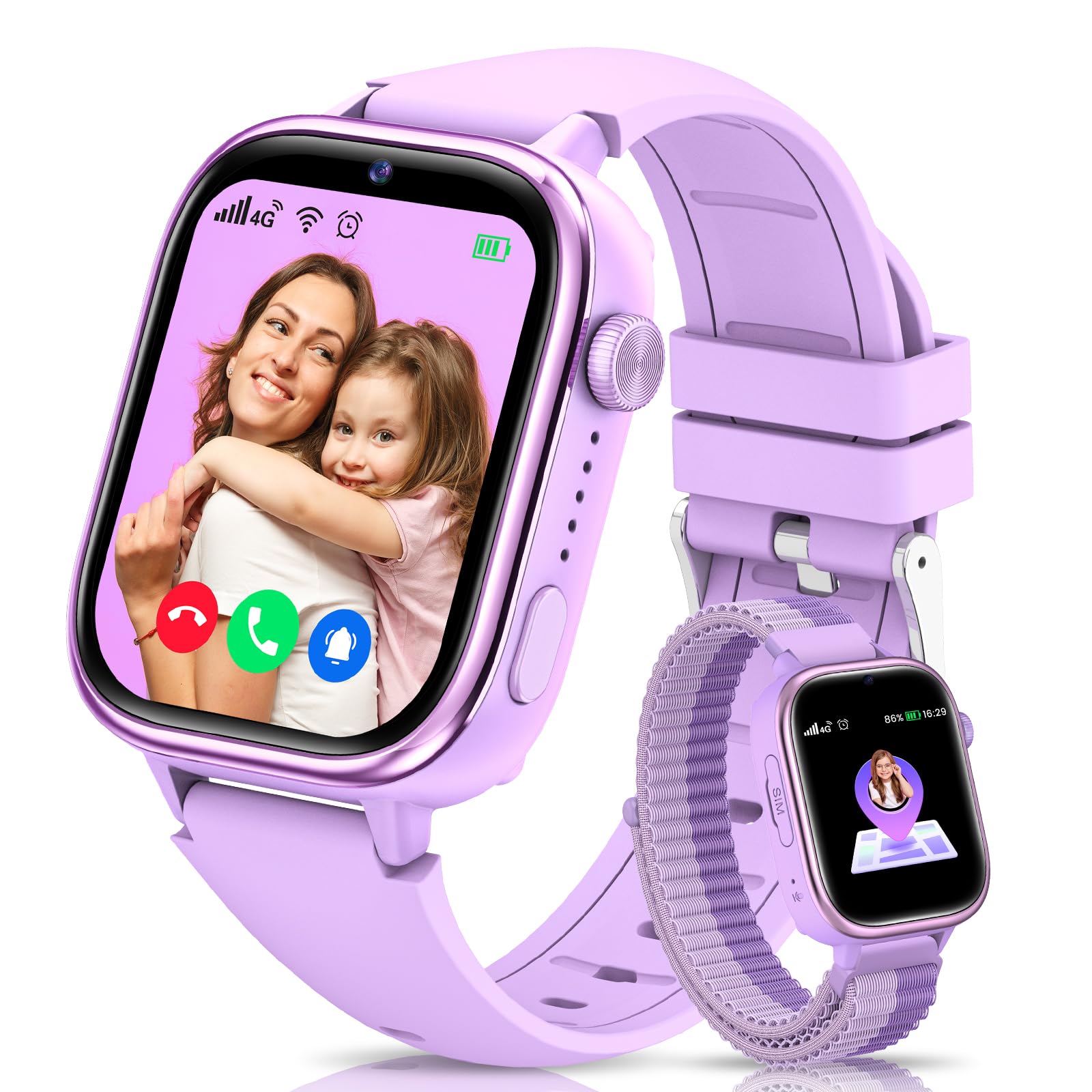 Oliimptek 4G Smartwatch Bambini con GPS e Videochiamate, Orologio Smartwatch Bambini con Chiamate, Chat Vocale, SOS, modalità Scuola, IP68 Impermeabile, Contapassi, Sveglia, Fotocamera, Sonno, Viola