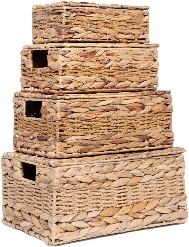 4 Pcs Handmade Wicker Woven Storage Basket with Lids and