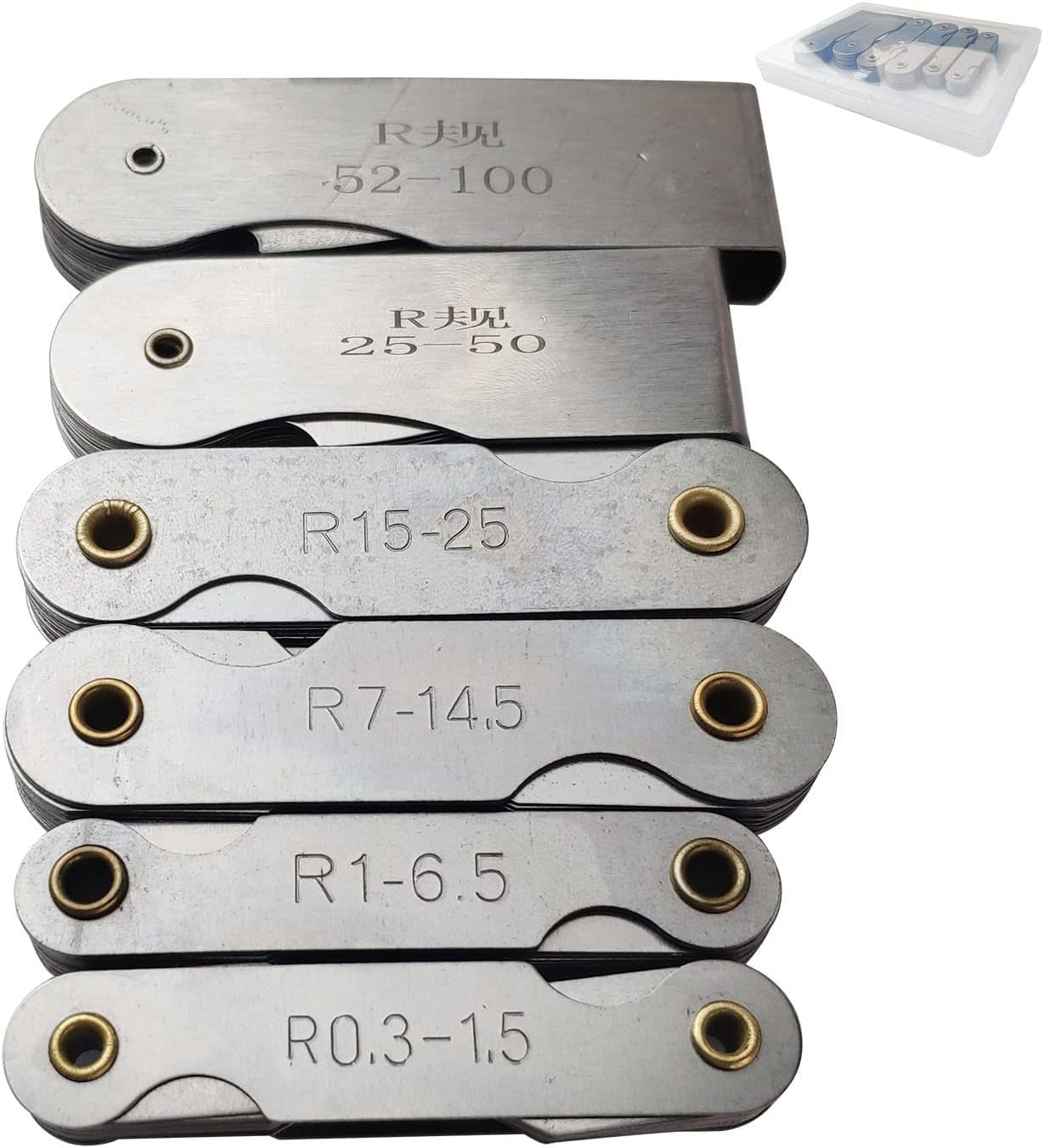6 Pack R0.3-1.5/ R1-6.5/ R7-14.5/ R15-25/ R25-50/ R52-100 Radius Gauge Set, Stainless Steel Radius Fillet Gage Portable Concave Convex Measuring Tool for Tool and Die Makers Check