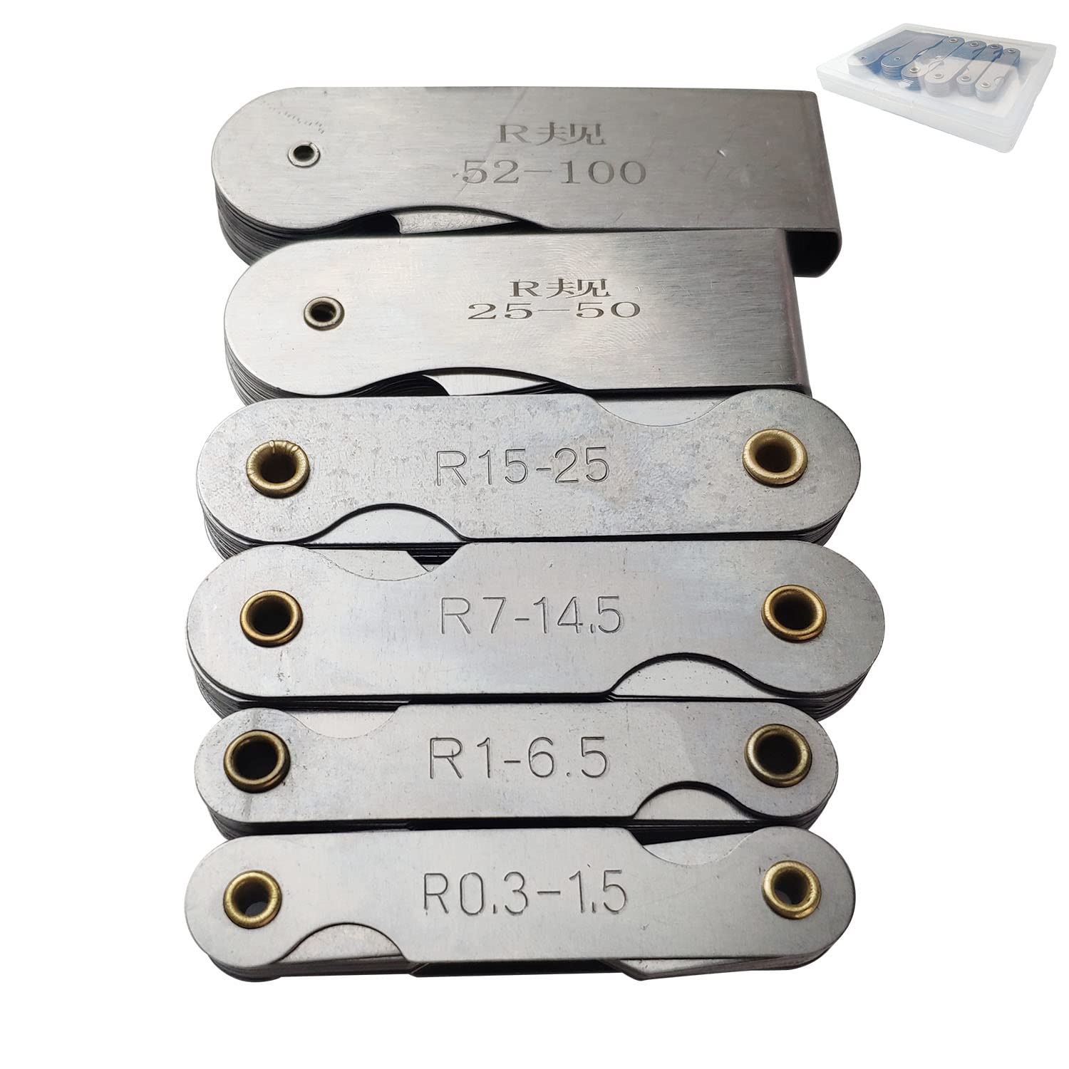 6 Pack R0.3-1.5/ R1-6.5/ R7-14.5/ R15-25/ R25-50/ R52-100 Radius Gauge Set, Stainless Steel Radius Fillet Gage Portable Concave Convex Measuring Tool for Tool and Die Makers Check