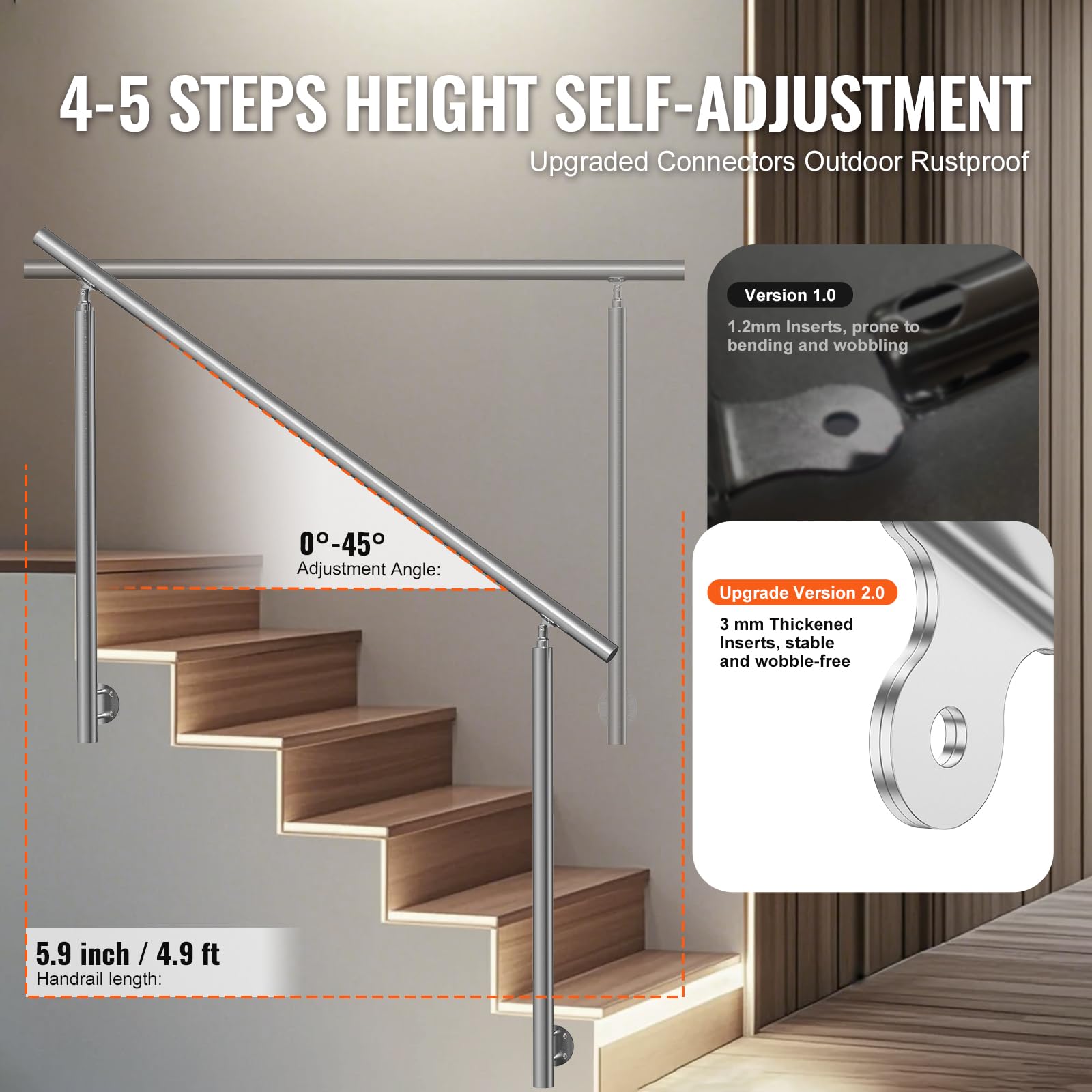 VEVOR Handläufe für Außentreppen, 150 cm langes Treppengeländer-Set, Übergangsgeländer aus Edelstahl mit Montagesatz, doppelsäulige Treppenhandläufe für Senioren, Veranda und Terrasse