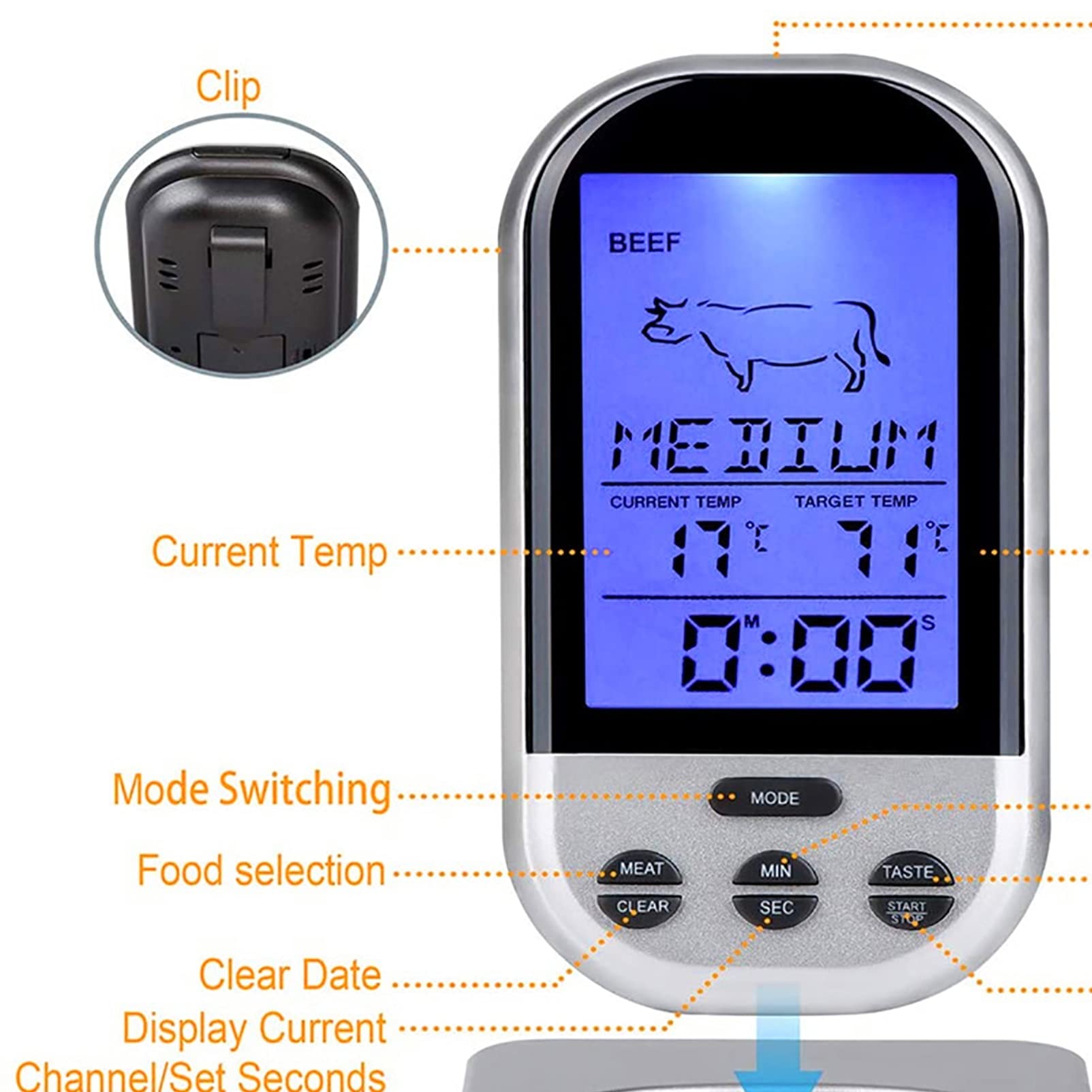 Termómetro de carne inalámbrico, Termómetro de cocina digital LCD Bluetooth Termómetro inalámbrico remoto BBQ BBQ Grill Herramientas de cocción a domicilio con alarma de temporizador
